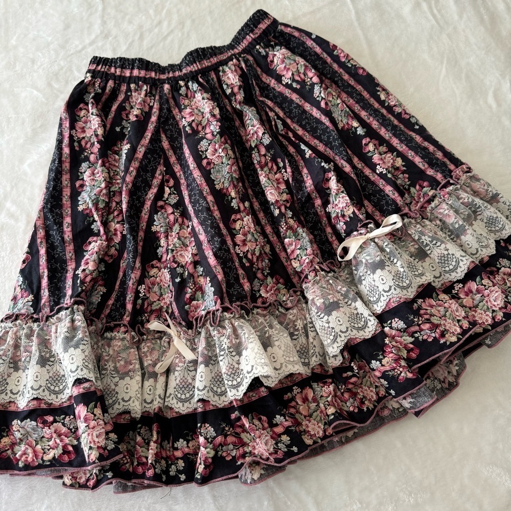 Vintage Mondiki Floral Striped Bow Puffy Mini Skirt